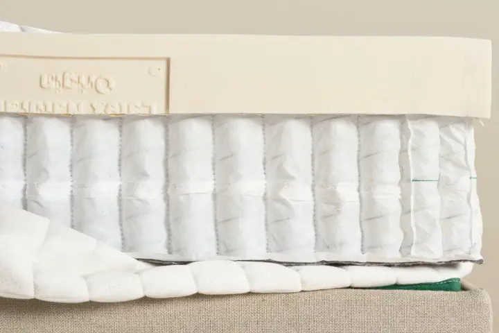 Coupe d'un matelas montrant les ressorts ensachés et la couche de latex. Comprendre la structure aide à savoir pourquoi mon matelas neuf se creuse.