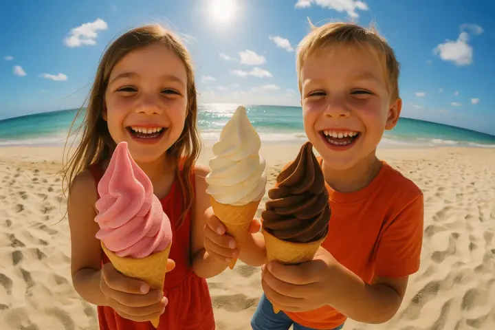 Zwei glückliche Kinder am Strand mit Eis. Der süße Geschmack von Glucose Zucker auf der Zunge.