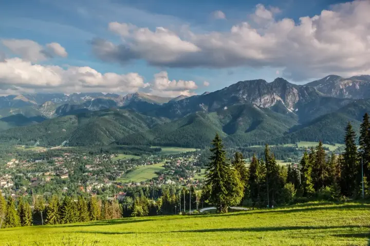Widok na Tatry z Zakopanem u podnóża. W oddali widać skaliste szczyty, a bliżej zielone zbocza porośnięte lasem. To właśnie takie krajobrazy tworzą regle.
