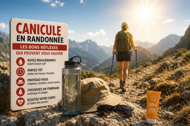 Panneau "Canicule en randonnée" avec conseils. Une randonneuse marche sous le soleil. Évitez l'insolation nauséeuse, buvez, partez tôt, protégez-vous.