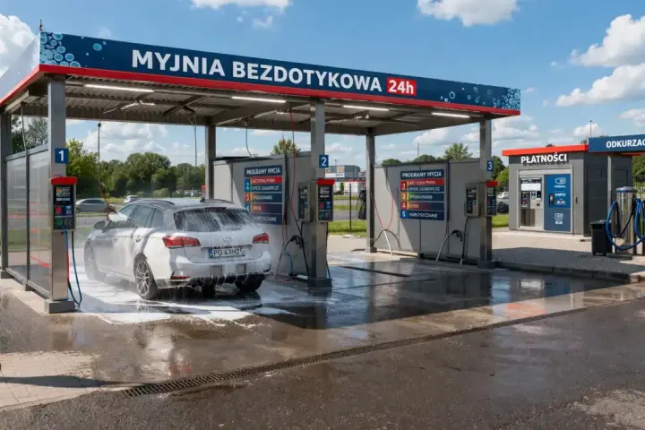 Nowoczesna myjnia bezdotykowa 24h, gdzie auto jest myte pianą. Zastanawiasz się, ile kosztuje postawienie myjni samochodowej? To miejsce daje odpowiedź.