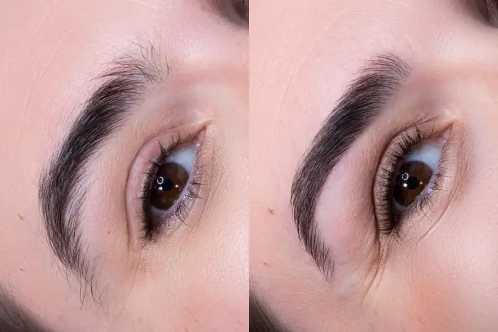 Avant/après : un regard transformé grâce à un maquillage sourcil parfait. Des sourcils plus définis et structurés pour un effet spectaculaire.