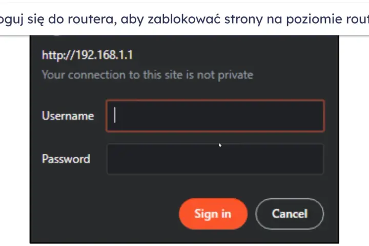 Zaloguj się do routera, aby zablokować strony. Ekran logowania do routera z polami Username i Password.