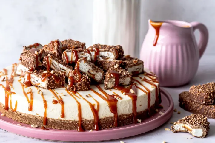Eine cremige Maxi King Torte, dekoriert mit Karamell und Schokostückchen. Ein Traum für jeden Schokoladenliebhaber!