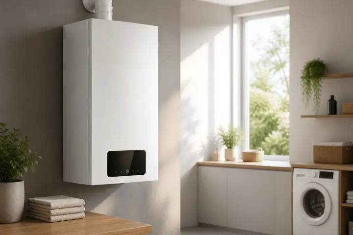 Caldaia a condensazione moderna, un esempio di caldaia risparmio energetico, installata in un ambiente luminoso con lavatrice e piante.