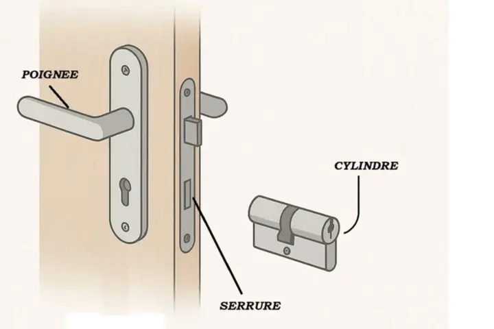 Détail d'une serrure : poignée, cylindre et le mécanisme de la serrure sur une porte.