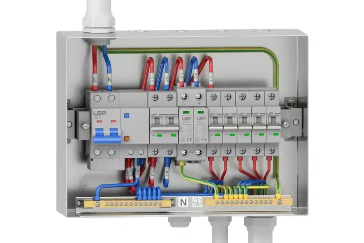 Wnętrze metalowej skrzynki elektrycznej z wyłącznikami i przewodami. Widoczny kontakt natynkowy z bezpiecznikami i listwą zaciskową.