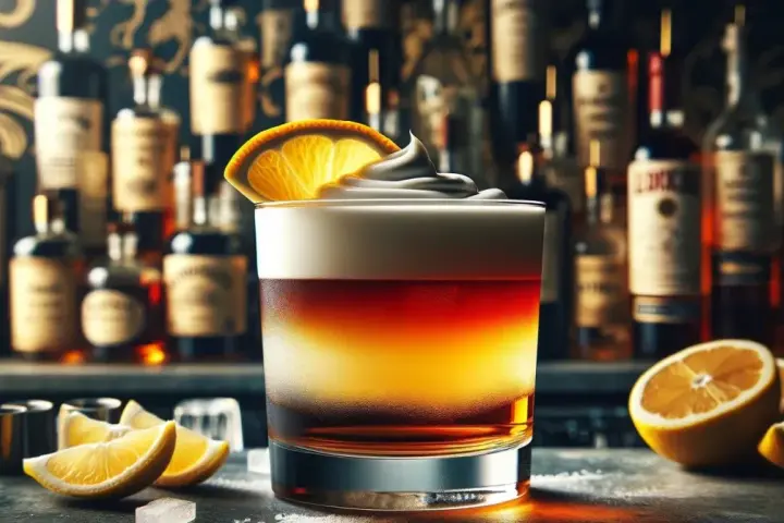 Elegancki drink New York Sour z pianką i plasterkiem pomarańczy, na tle półki z butelkami alkoholu.