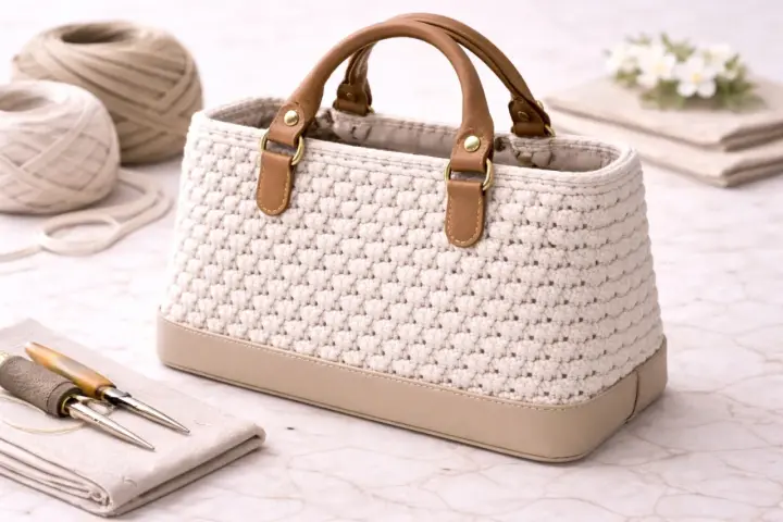 Bolso tejido a mano con asas de cuero. La tela para bolsos es de color crema, con base de cuero beige. A su lado, ovillos de lana y herramientas de costura.