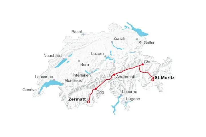 Map of Switzerland showing a red train route from Zermatt to Chur, passing through Brig, Andermatt, and St. Moritz.