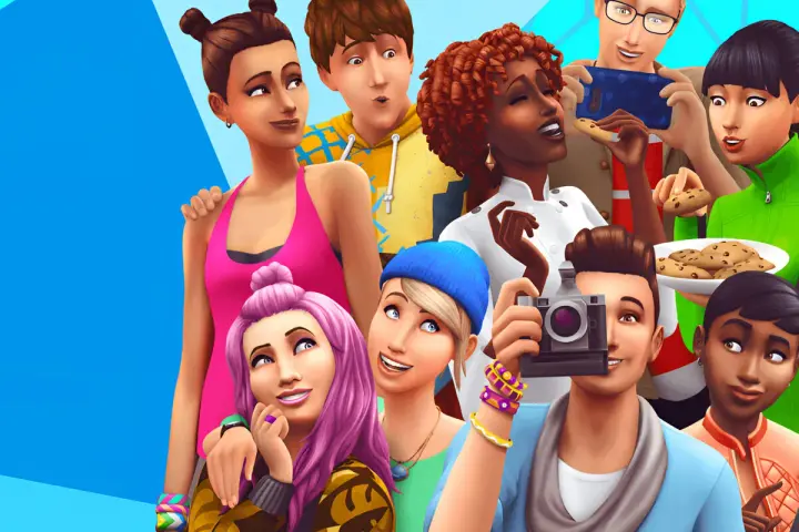 Grupo de Sims sonriendo y comiendo galletas, listos para usar comandos en Los Sims 4.