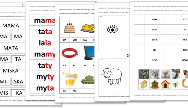 Karty do nauki czytania dla klasy 1: obrazki zwierząt, przedmiotów i sylab do układania słów, np. "mama", "tata".