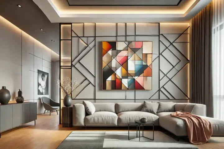 Un salon moderne avec un tableau panoramique abstrait aux formes géométriques colorées, un canapé gris et des lumières d'ambiance.