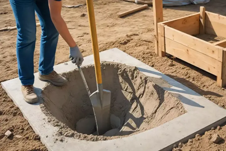 Osoba kopie dół w betonie, przygotowując fundamenty pod słupki ogrodzeniowe. Właściwe proporcje betonu są kluczowe dla stabilności.