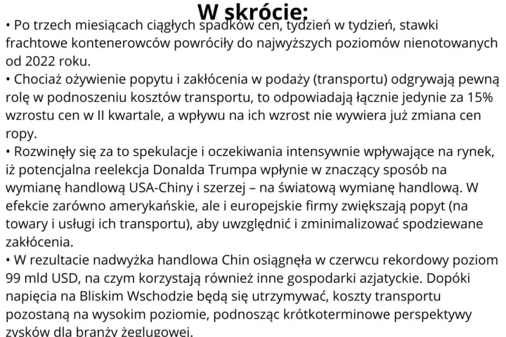 Stawki frachtowe kontenerowców rosną, wpływając na koszty transportu. Spekulacje i napięcia geopolityczne podnoszą perspektywy zysków dla żeglugi.