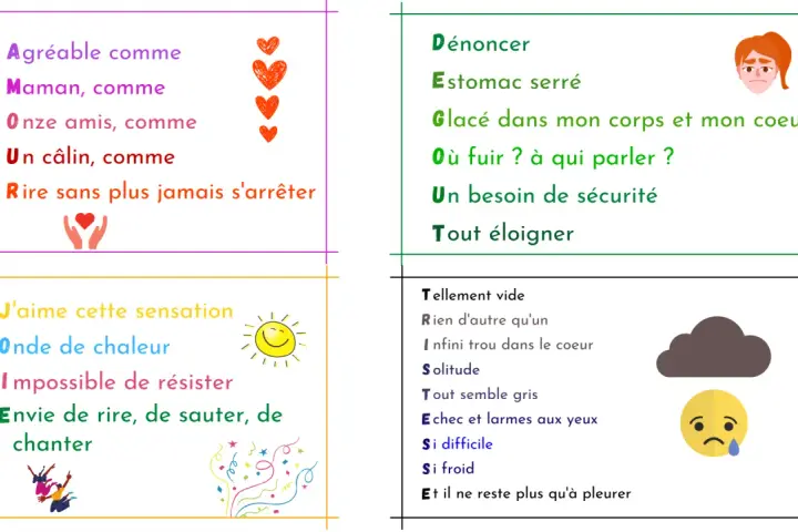 Acrostiche le jeu : quatre poèmes sur les émotions, de la joie à la tristesse, avec des illustrations.