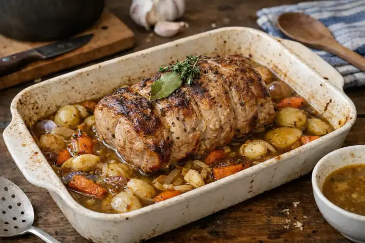 Un savoureux roti de porc au four, doré et juteux, mijotant avec des pommes de terre et des carottes dans un plat en céramique.