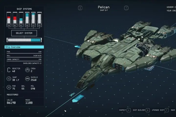 Una nave "Pelican" de Starfield, con detalles de sus sistemas y estadísticas.