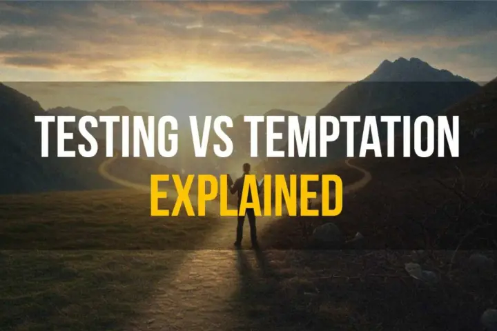 A lone figure stands on a path in a mountainous landscape at sunset, with text overlay: "TESTING VS TEMPTATION EXPLAINED." Does God test us?