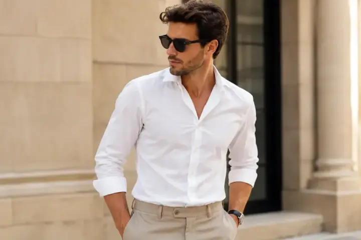 Hombre con gafas de sol y un elegante outfit de camisa blanca y pantalones beige, posando con confianza.