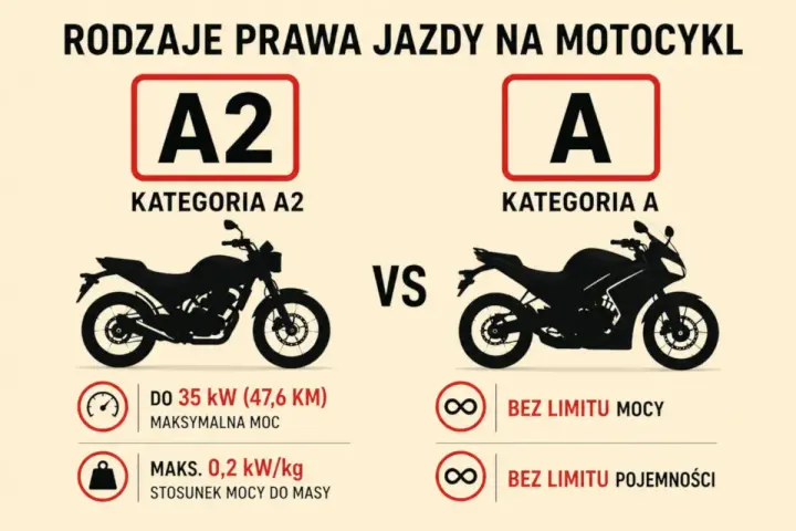 Porównanie kategorii prawa jazdy na motocykl: A2 (do 35 kW) vs A (bez limitu).