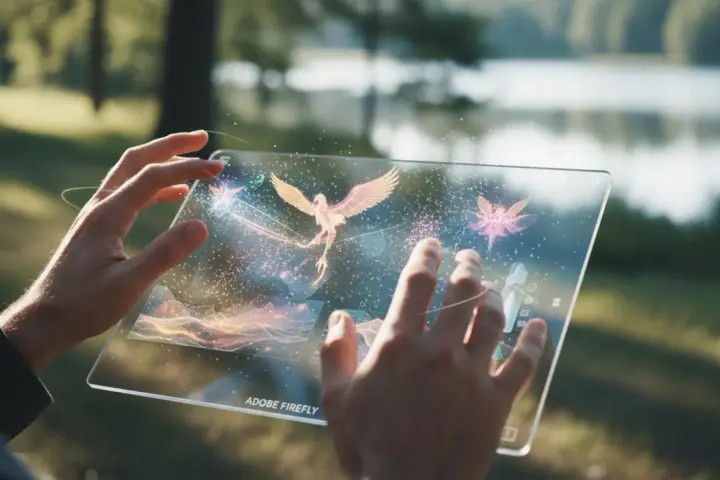 Ręce trzymają przezroczysty tablet, na którym **Adobe Firefly** tworzy magiczne, świetliste stworzenia, jak ptak i ważki, na tle natury.