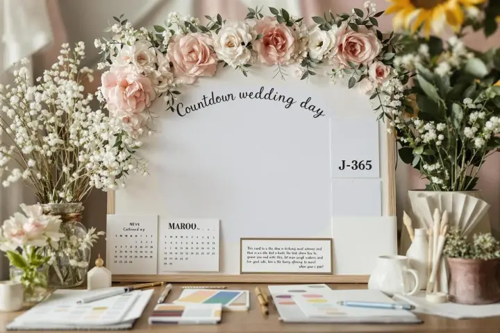 J-365 mariage : un tableau de compte à rebours décoré de roses et de gypsophile, avec des calendriers et des notes.