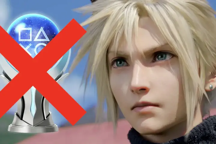 Cloud Strife mira al frente, con un trofeo de platino de Final Fantasy VII Remake tachado con una X roja.