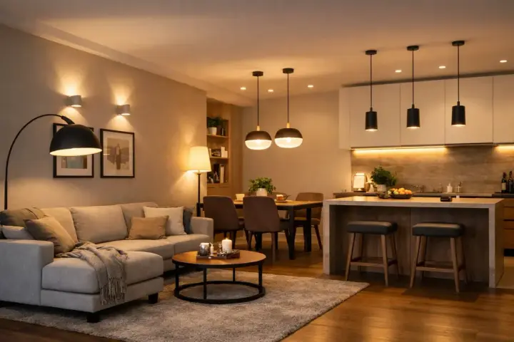 Illuminazione soffusa in soggiorno e cucina: quanti lumen in cucina per creare un'atmosfera accogliente. Lampade a sospensione, da terra e applique creano un ambiente caldo.