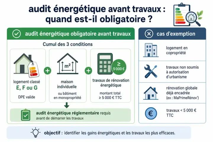 Schéma expliquant quand un audit énergétique est obligatoire avant travaux : conditions (logement E, F ou G, maison individuelle, travaux ≥ 5000€) et cas d'exemption.