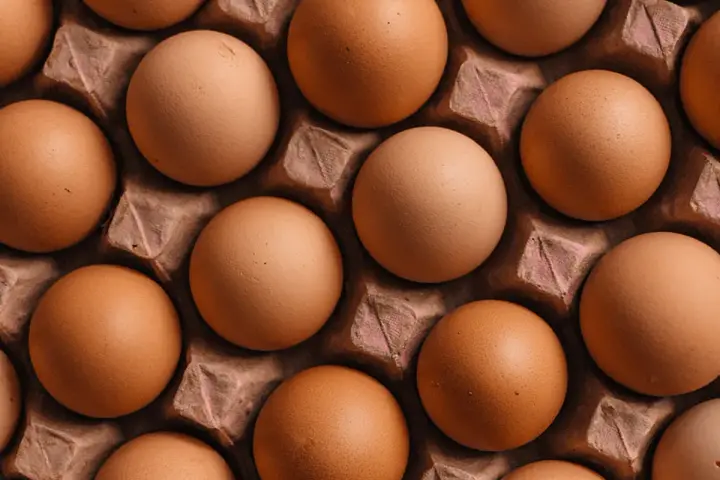Huevos marrones en una bandeja de cartón, listos para ser usados en hostelería.