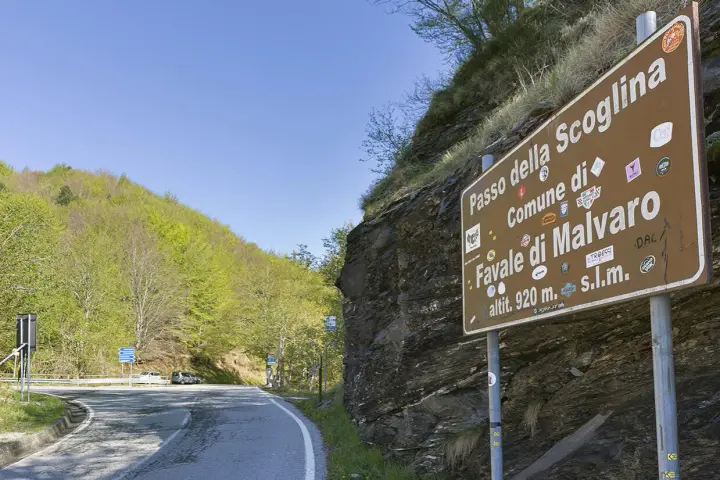 Cartello stradale indica "Passo della Scoglina, Favale di Malvaro, altit. 920 m. s.l.m." su una strada di montagna con vegetazione lussureggiante.