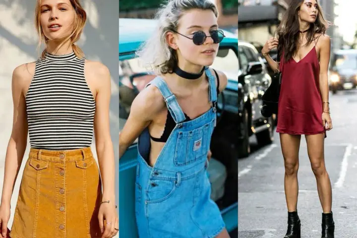 Trzy kobiety w stylizacjach inspirowanych modą lat 90.: w sztruksowej spódniczce, ogrodniczkach i satynowej sukience.