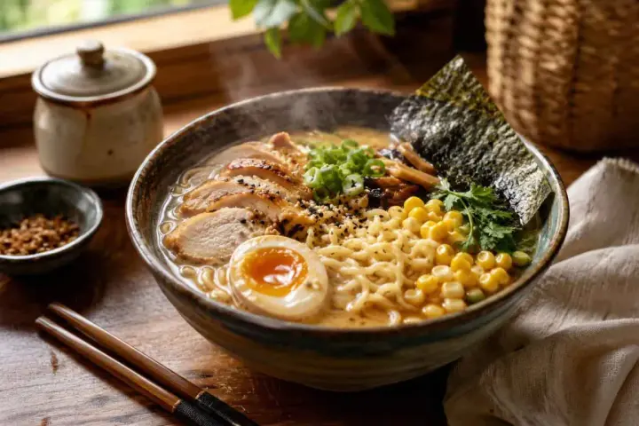 Pyszne, parujące ramen z kurczakiem, jajkiem i kukurydzą. Idealny przepis, jak zrobić ramen w domu.