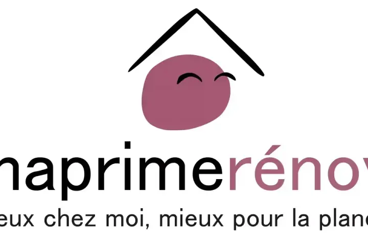 Logo Ma Prime Renov' violet, avec un toit stylisé et un visage souriant. "Mieux chez moi, mieux pour la planète.