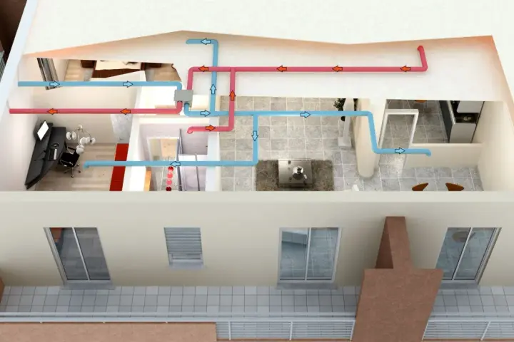 Schema di un sistema di ventilazione naturale con tubi blu per l'aria fresca e rossi per l'aria calda che attraversano le stanze di una casa.