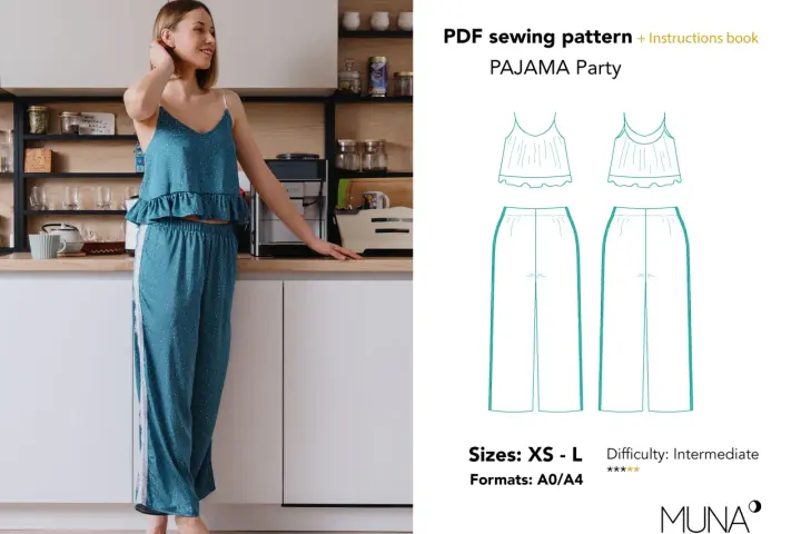 Patron gratuit combinaison pyjama pour une soirée détente. Le modèle comprend un haut à fines bretelles et un pantalon ample.