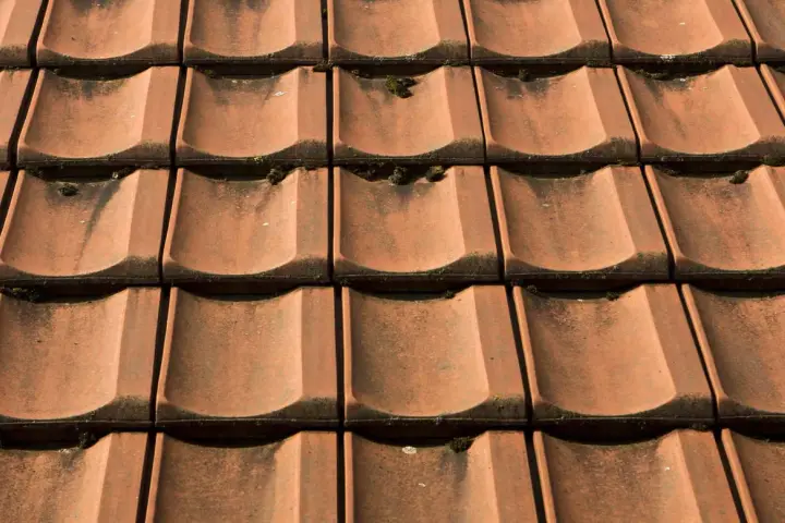Czerwona dachówka ceramiczna, lekko porośnięta mchem. Sprawdź aktualną dachówka ceramiczna cena za m2.