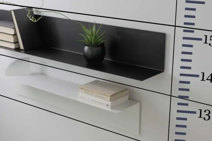 Moderna soluzione per arredare una parete con mensole: una nera con libri e pianta, una bianca con libri.