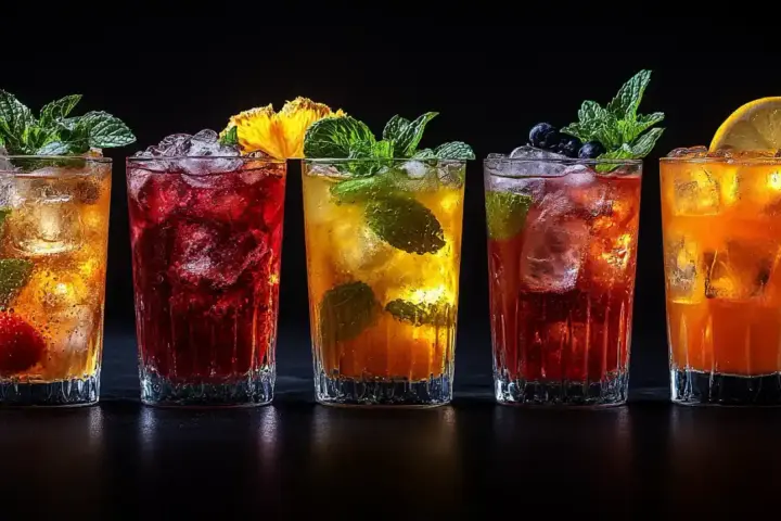 Pięć kolorowych, popularnych drinków z lodem, owocami i miętą, gotowych do orzeźwienia.