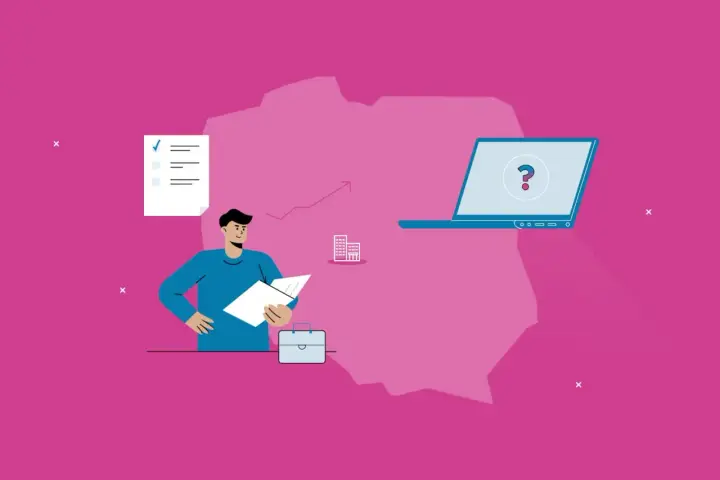 Ilustracja przedstawia mężczyznę z dokumentami, laptop z pytajnikiem i zarys Polski.