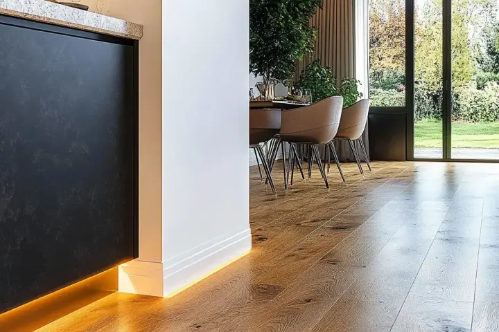 Nowoczesne wnętrze z drewnianą podłogą i subtelnym oświetleniem LED. Eleganckie rozwiązanie co zamiast listew przypodłogowych.