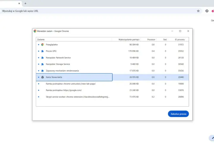 Menedżer zadań Google Chrome pokazuje, że "Karta: Nowa karta" zużywa 28 976 KB pamięci.