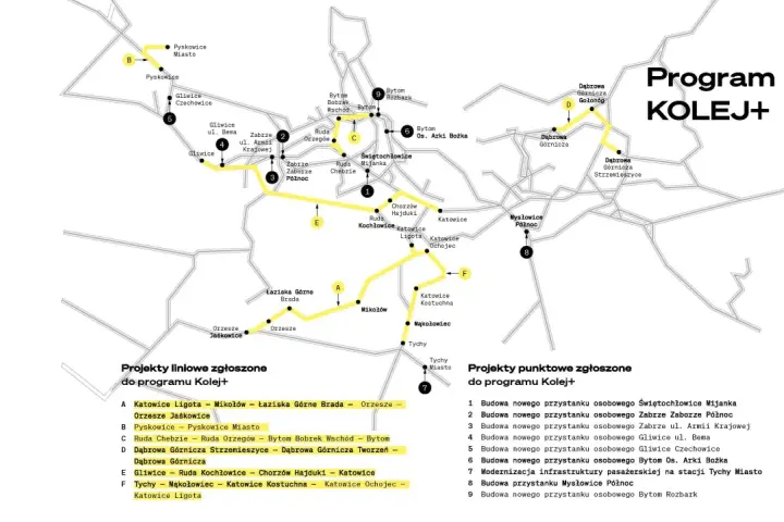 Mapa projektów kolejowych z zaznaczonymi trasami i punktami. Studenci mogą skorzystać z **zniżki studenckie** na podróże między miastami, np. z Katowic Ligoty do Orzesza.
