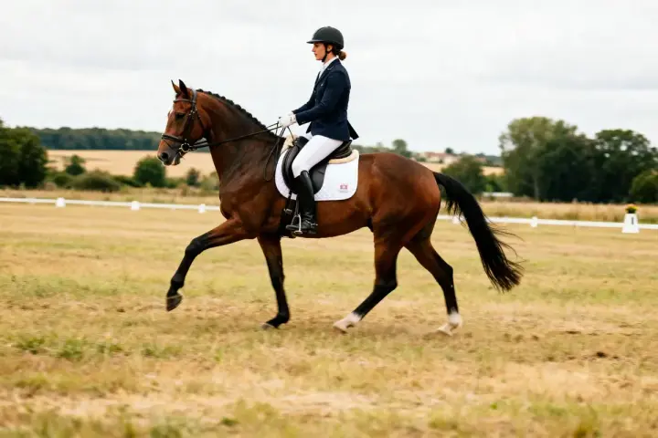 Une cavalière en tenue de compétition exécute un mouvement de dressage sur son cheval bai dans un pré.