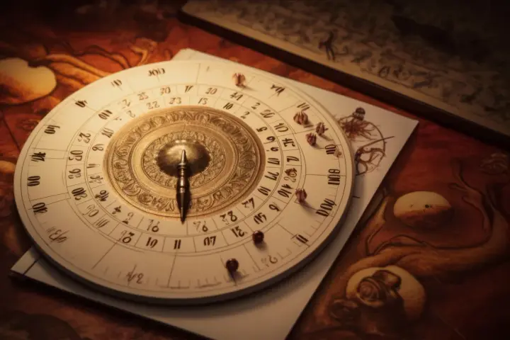 Starożytny astrolabium, symbol drogi życia 9, na tle map i zwojów.