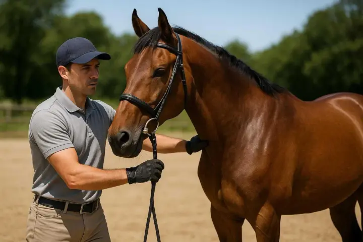 Un cavalier professionnel, concentré, tient les rênes d'un cheval bai. Le salaire d'un cavalier pro dépend de son talent.