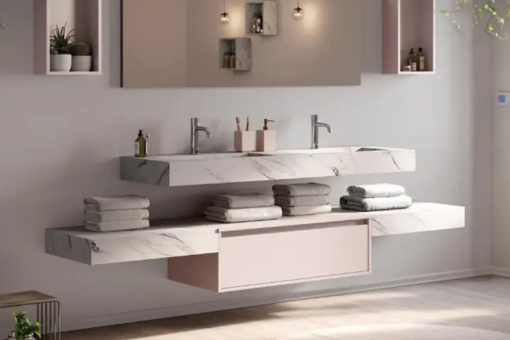 Salle de bain moderne avec double vasque en **solid surface** marbré, rangements suspendus et serviettes douces.