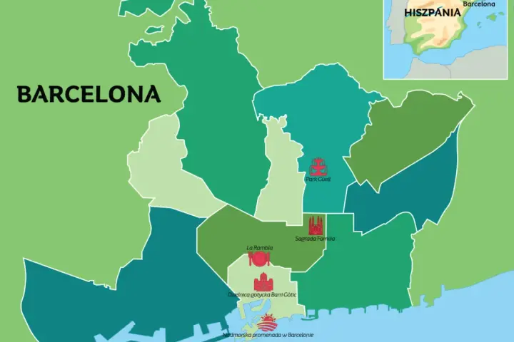 Mapa pokazuje, gdzie jest Barcelona w Hiszpanii, z zaznaczonymi atrakcjami: Park Güell, Sagrada Familia, La Rambla, Dzielnica Gotycka i promenada.