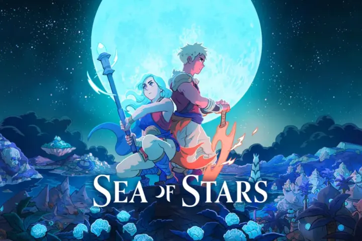 Dos héroes, un bastón y una espada llameante, bajo una luna gigante. ¡Una guía para Sea of Stars!